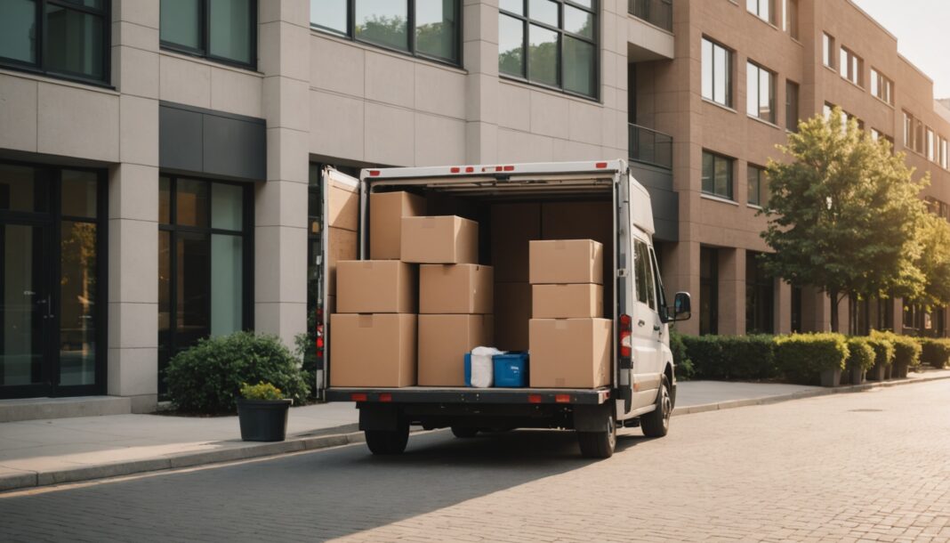 Déménageurs chargeant des cartons et des meubles dans un camion devant un immeuble moderne