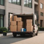 Déménageurs chargeant des cartons et des meubles dans un camion devant un immeuble moderne