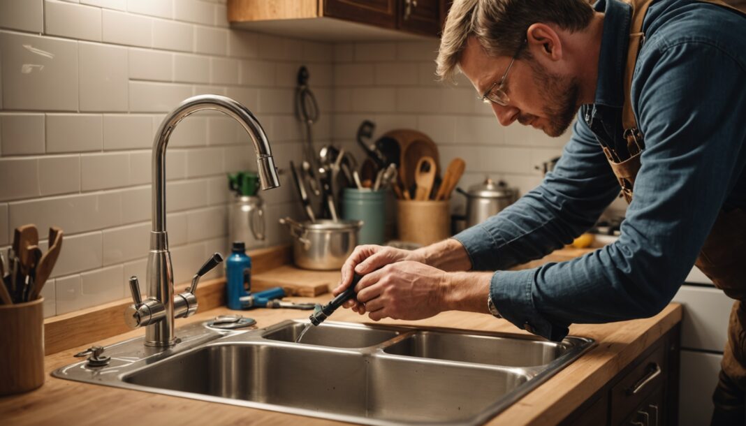 Artisan plombier réparant une canalisation dans une cuisine