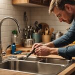 Artisan plombier réparant une canalisation dans une cuisine