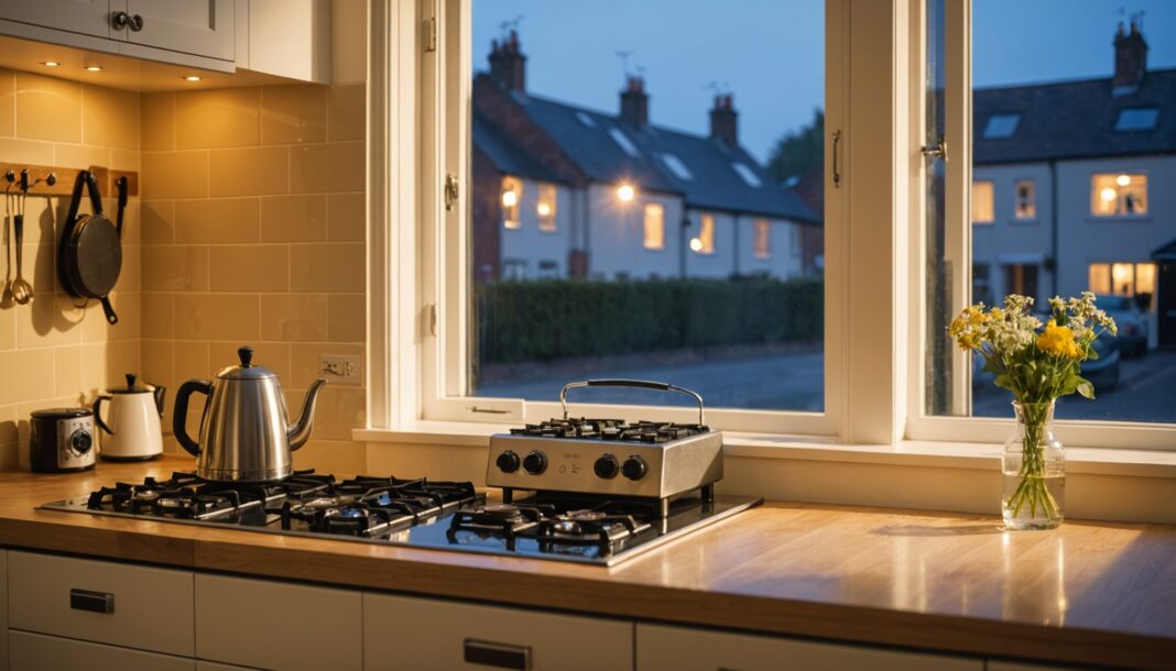 Kitchen of a British home at dusk with a kettle, a radiator and a small energy meter display on the wall
