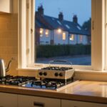 Kitchen of a British home at dusk with a kettle, a radiator and a small energy meter display on the wall