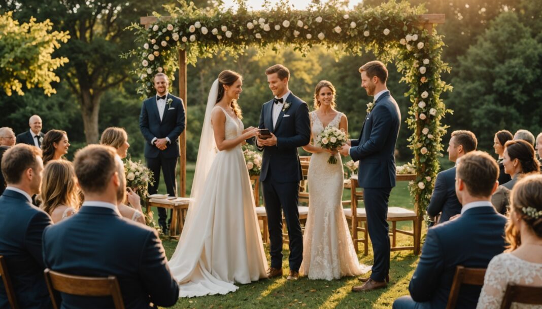 Ceremonie de mariage en exterieur avec des invites qui ne tiennent pas de telephone