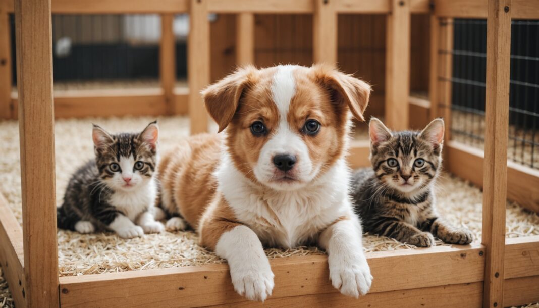Chiot et chaton dans des enclos lors d'un salon d'adoption