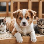 Chiot et chaton dans des enclos lors d'un salon d'adoption