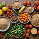 Assortiment de fruits, légumes et légumineuses sur une table en bois