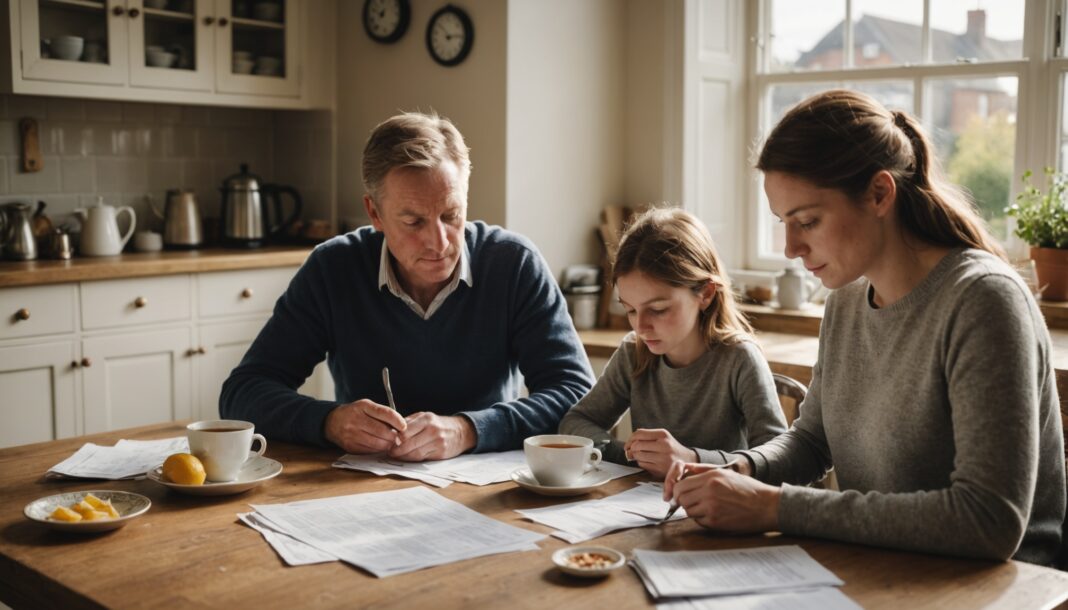 A family in a British home going through household bills and receipts at a kitchen table
