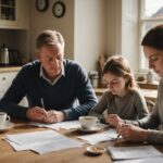 A family in a British home going through household bills and receipts at a kitchen table
