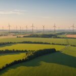 Hochspannungsmasten und Stromleitungen ueber einer laendlichen Landschaft in Deutschland, im Hintergrund ein Wohnhaus mit Solaranlage