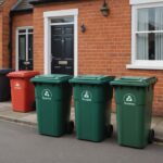 Kerbside wheelie bins and a food waste caddy outside a British terraced house