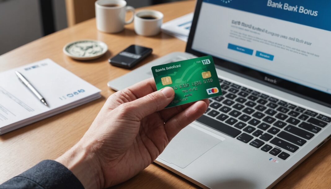 Carte bancaire et écran d'ordinateur affichant une offre de parrainage bancaire