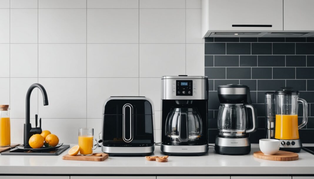 Petits appareils électroménagers neufs alignés sur un plan de travail