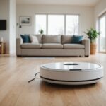 Aspirateur robot nettoyant un salon lumineux