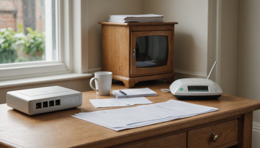 A fibre broadband router, a smartphone and an unopened paper bill on a wooden sideboard in a British home