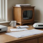A fibre broadband router, a smartphone and an unopened paper bill on a wooden sideboard in a British home