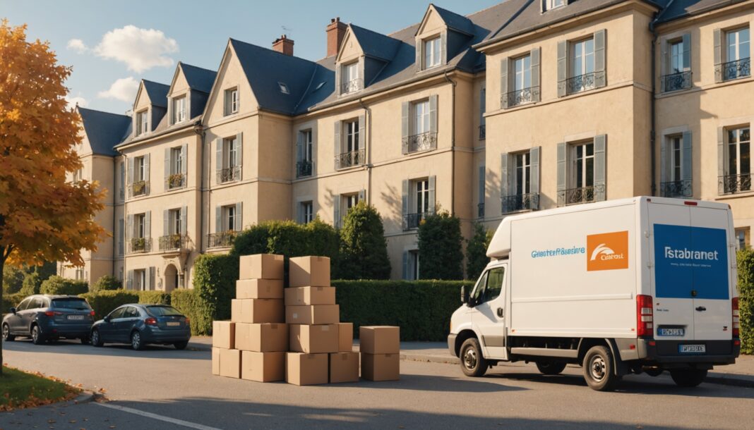 Camion de déménagement et bail de location devant un immeuble
