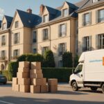 Camion de déménagement et bail de location devant un immeuble
