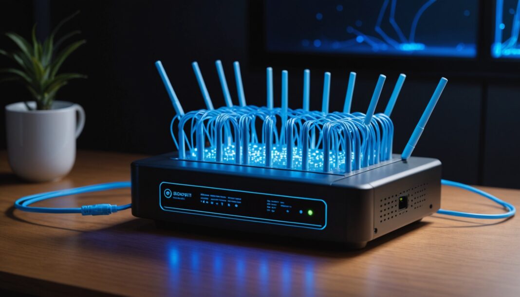 Box internet et câbles de réseau fibre, illustration générée par IA