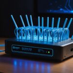 Box internet et câbles de réseau fibre, illustration générée par IA