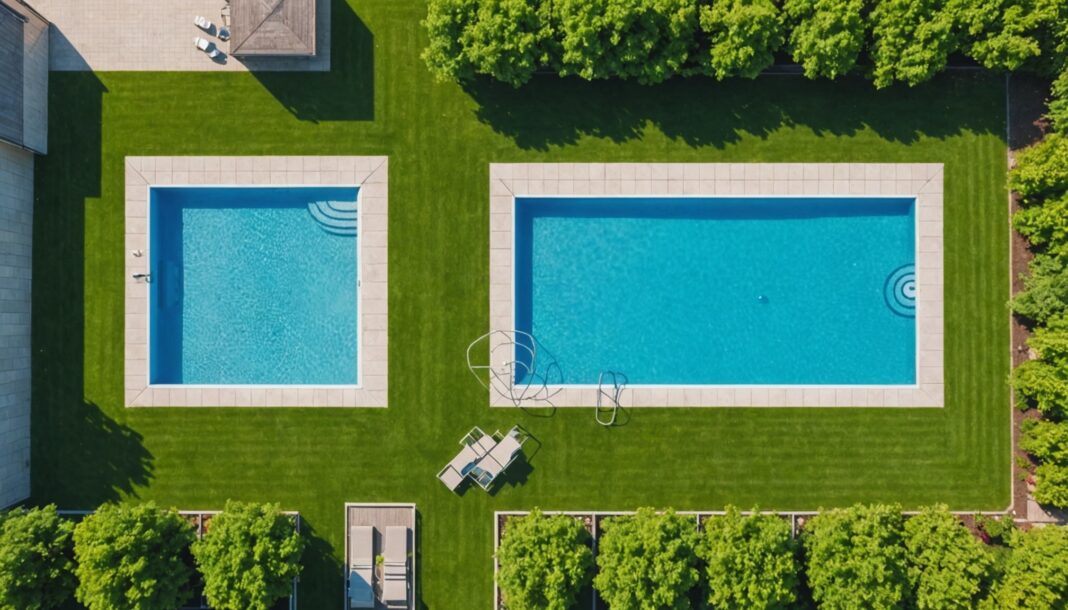 Illustration générée par IA d'une piscine vue du ciel dans un jardin résidentiel