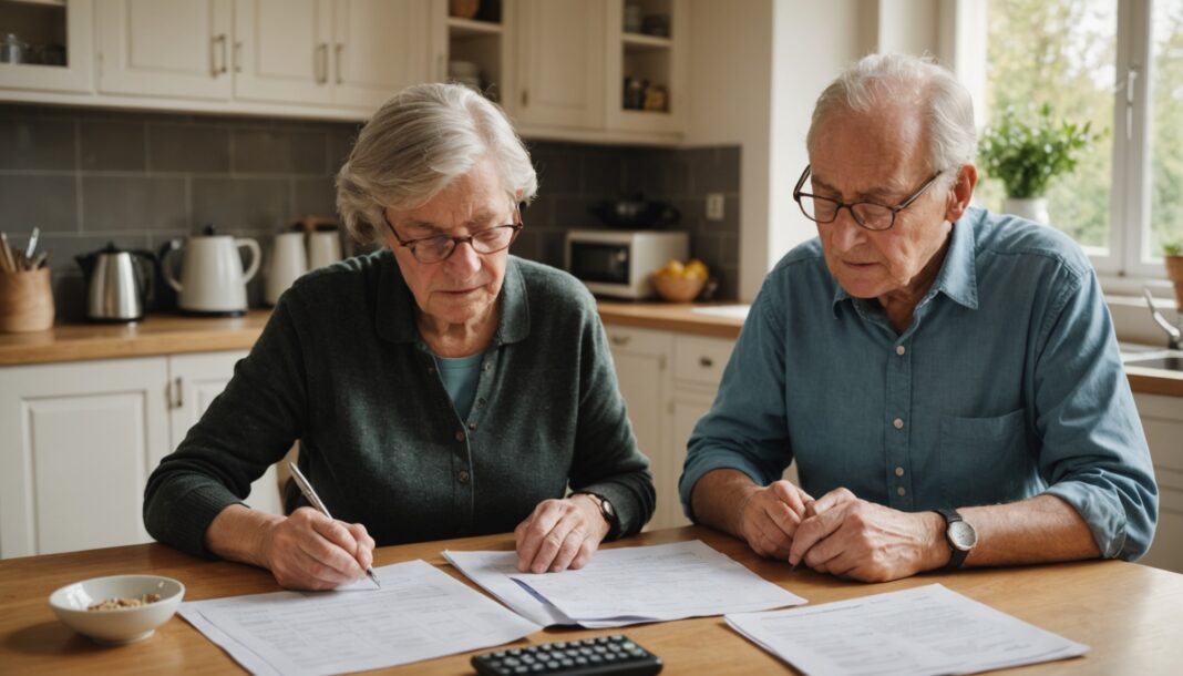 Couple de seniors examinant leurs relevés de pension de retraite à la table de la cuisine