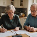 Couple de seniors examinant leurs relevés de pension de retraite à la table de la cuisine