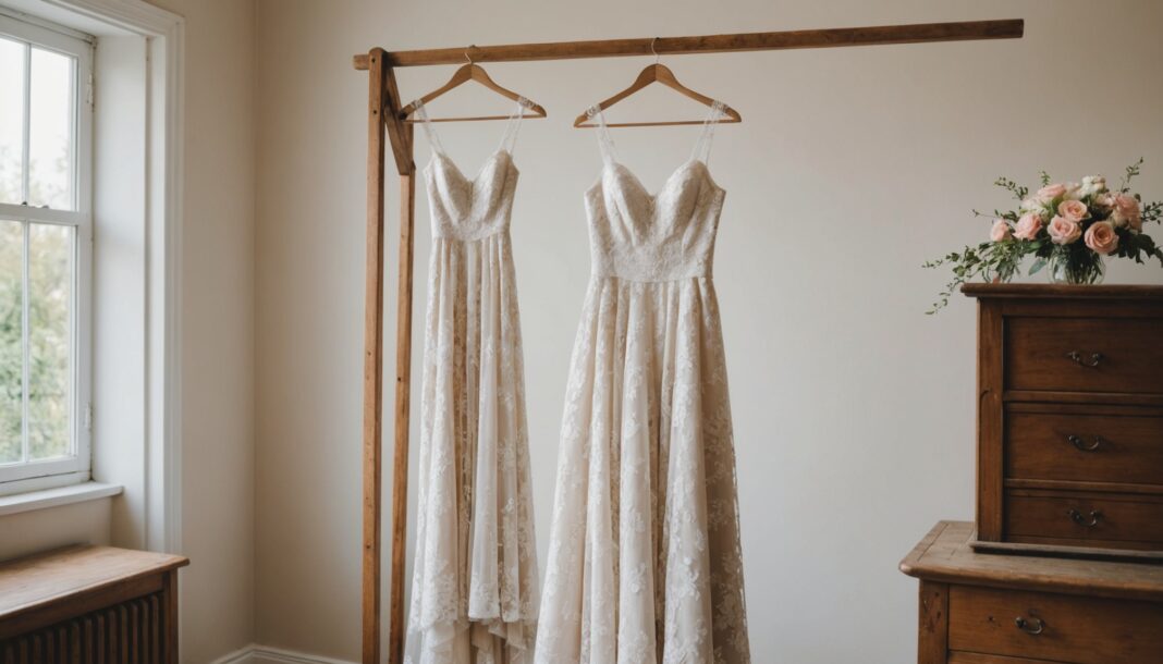 Robe de mariée d'occasion suspendue dans une boutique lumineuse