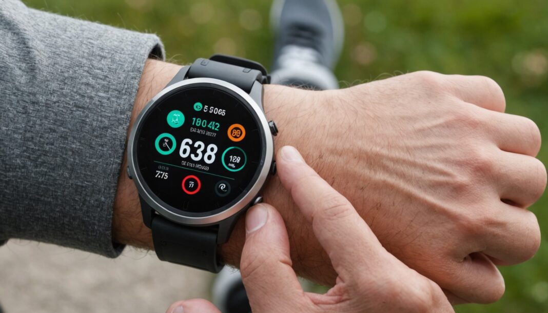 Smartwatch au poignet affichant des données de fréquence cardiaque pendant un entraînement