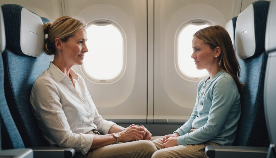 A parent and a young child sitting side by side on a plane, illustrating the planned ban on family seating fees