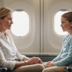 A parent and a young child sitting side by side on a plane, illustrating the planned ban on family seating fees