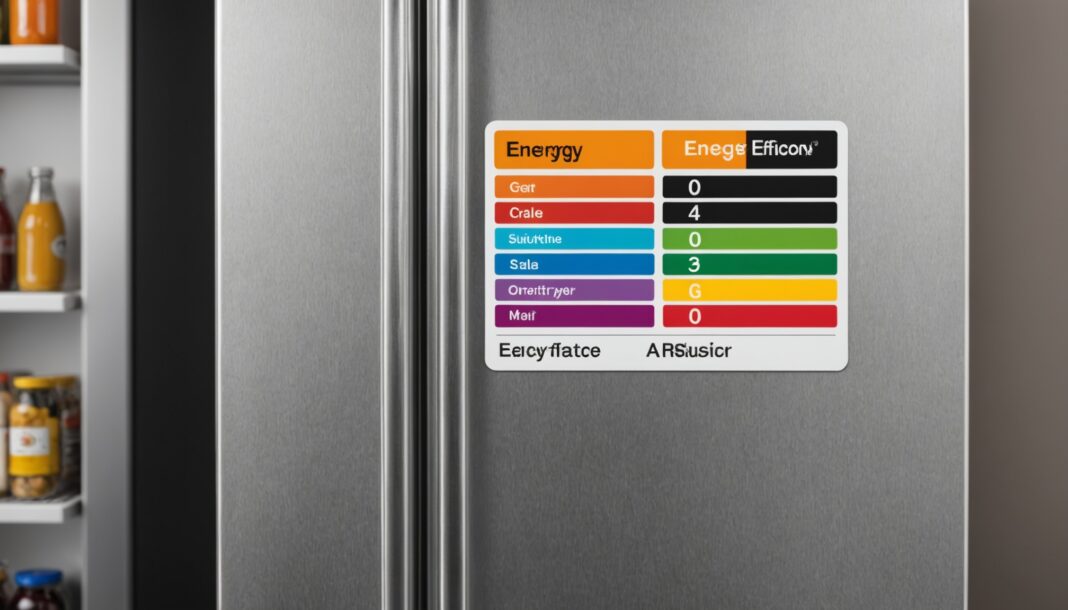 Étiquette énergie colorée A à G sur la porte d'un réfrigérateur en showroom