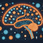 Illustration generee par IA d'un cerveau stylise entoure d'icones liees a l'activite physique, au sommeil et au lien social, illustration ne representant pas de personne ou lieu reel