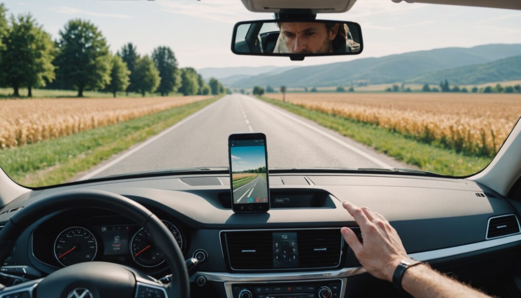 Illustration d'un smartphone posé sur le tableau de bord d'une voiture, route floue en arrière-plan