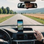 Illustration d'un smartphone posé sur le tableau de bord d'une voiture, route floue en arrière-plan