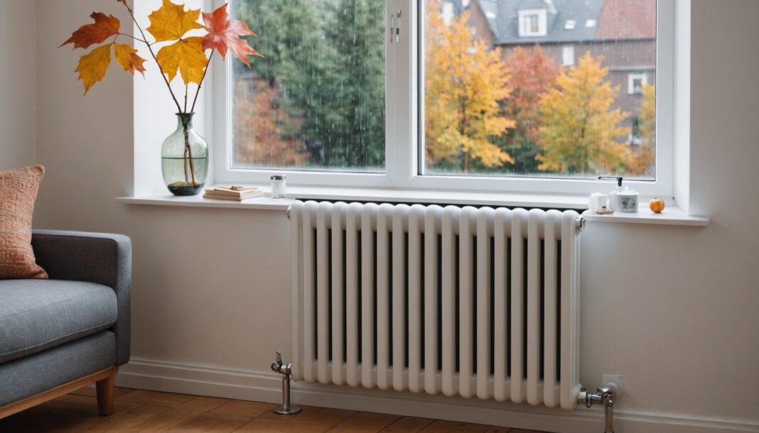 Hand stellt das Thermostatventil eines Heizkörpers unter einem Fenster ein