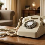 An old cream corded telephone on a side table beside a modern broadband router, illustrating the UK landline switch-off