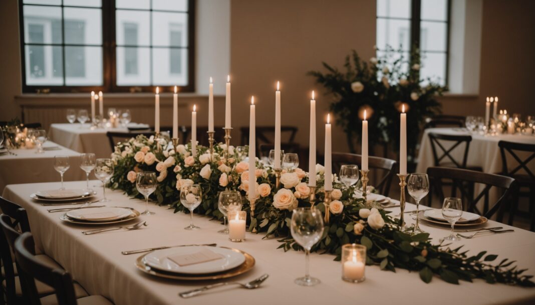 Illustration d'une table de réception de mariage avec fleurs et bougies, décor minimaliste