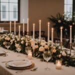 Illustration d'une table de réception de mariage avec fleurs et bougies, décor minimaliste