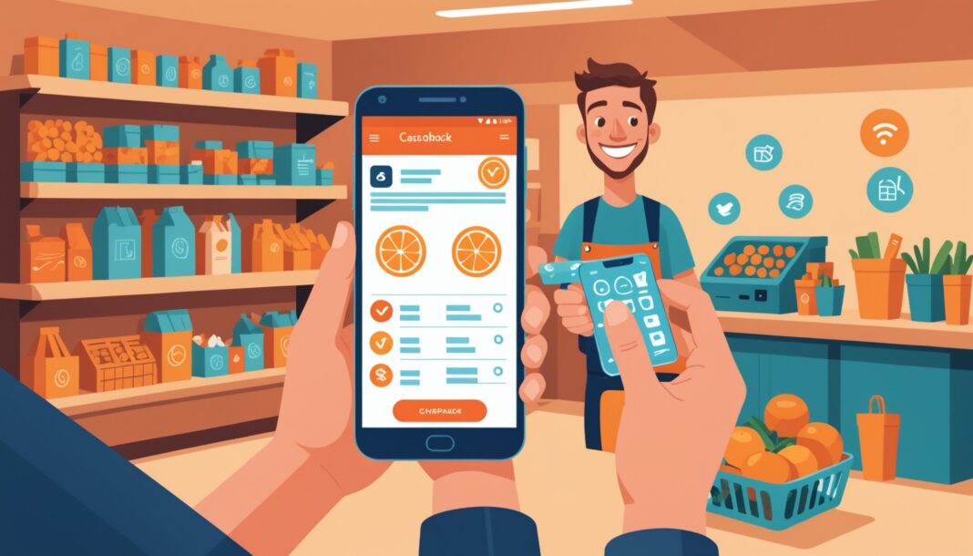 Illustration d'une personne photographiant un ticket de caisse avec son smartphone pour obtenir du cashback