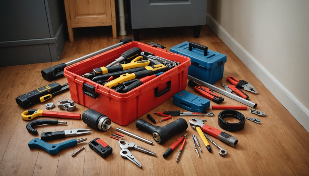 Illustration d'un dépannage à domicile avec outils de plombier et d'électricien