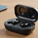 Illustration générée par IA d'écouteurs sans fil avec compartiment batterie ouvert et petit tournevis, ne représente pas un modèle exact