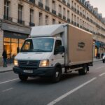 Déménageurs chargeant un camion de meubles dans une rue en France à la tombée du jour