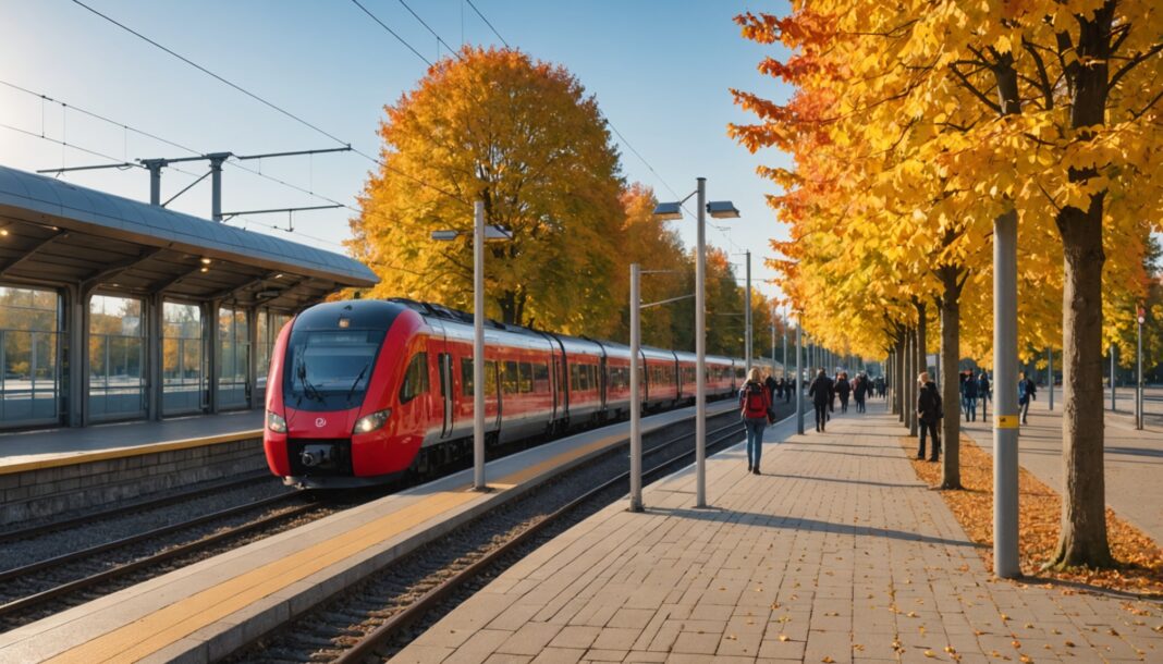 Pendler steigen an einem herbstlichen Morgen in einen roten Regionalzug an einem deutschen Bahnhof ein