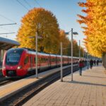 Pendler steigen an einem herbstlichen Morgen in einen roten Regionalzug an einem deutschen Bahnhof ein