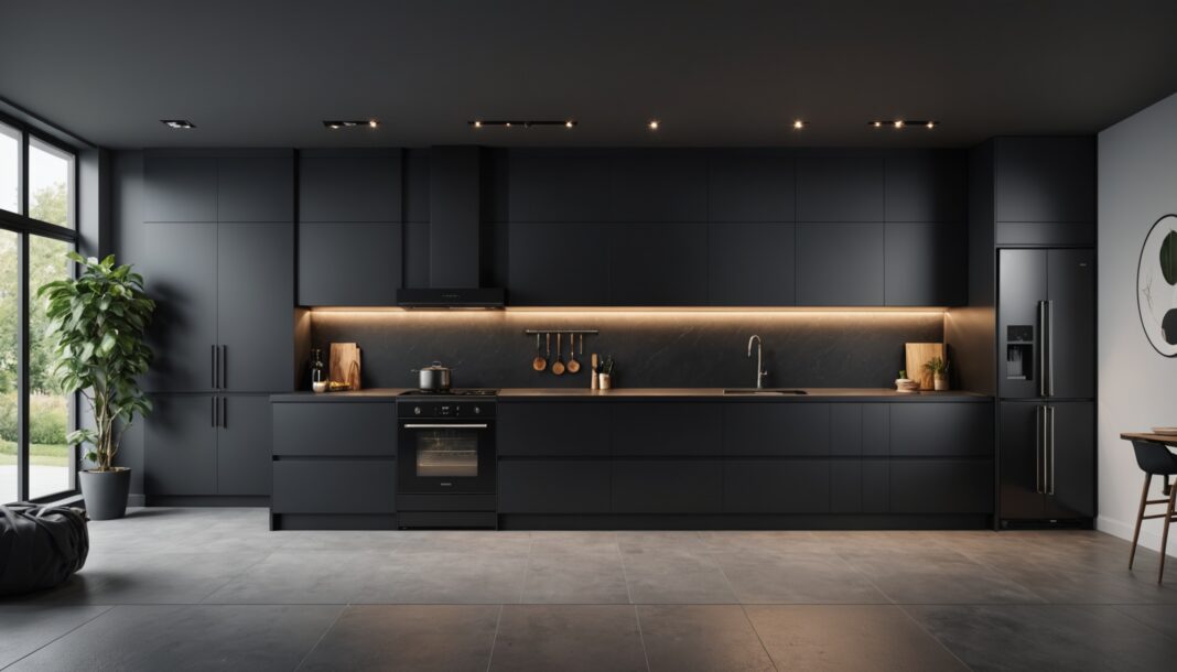 Cuisine moderne avec four, table de cuisson et hotte en finition noir mat connectés
