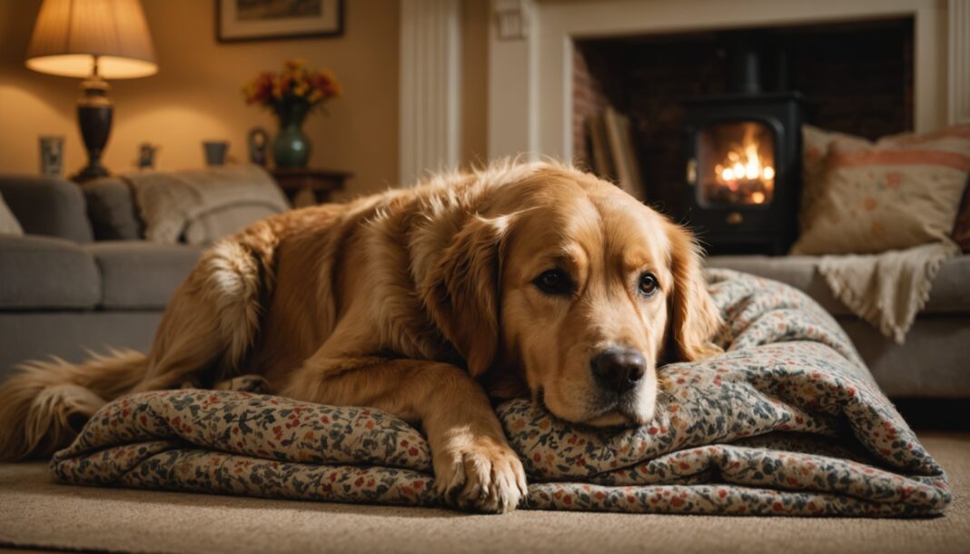 A golden retriever curled up in a cosy den of blankets under a table in a living room, with fireworks faintly visible through the curtains