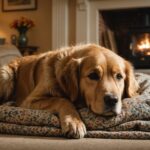 A golden retriever curled up in a cosy den of blankets under a table in a living room, with fireworks faintly visible through the curtains
