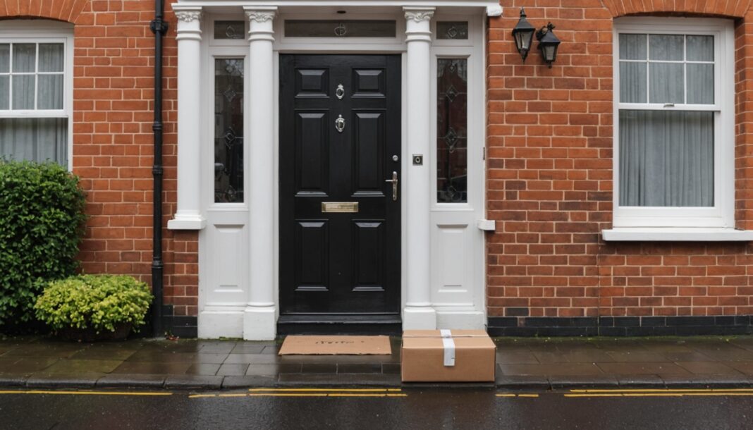 A cardboard parcel left outside the front door of a red-brick British terraced house on a wet, overcast day