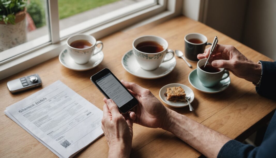 Hands holding a smartphone beside a paper mobile phone bill on a kitchen table