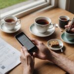 Hands holding a smartphone beside a paper mobile phone bill on a kitchen table